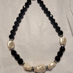Vintage Black Jet Bead and Faux Mother of Pearl Choker Necklace